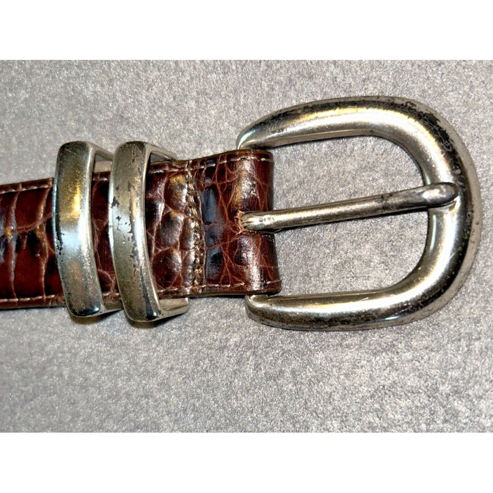 Vtg Brighton Leather Belt 40078 Silver Tone Brass Buckle Dark Brown Ornate - Picture 2 of 10